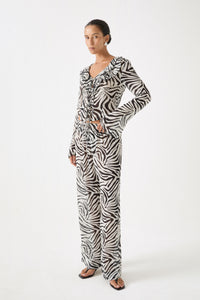 Zebra print two-piece set with wide-leg pant and matching tie-front blouse